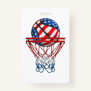 Basketball American Patriotic 4th Of July US Flag Badge