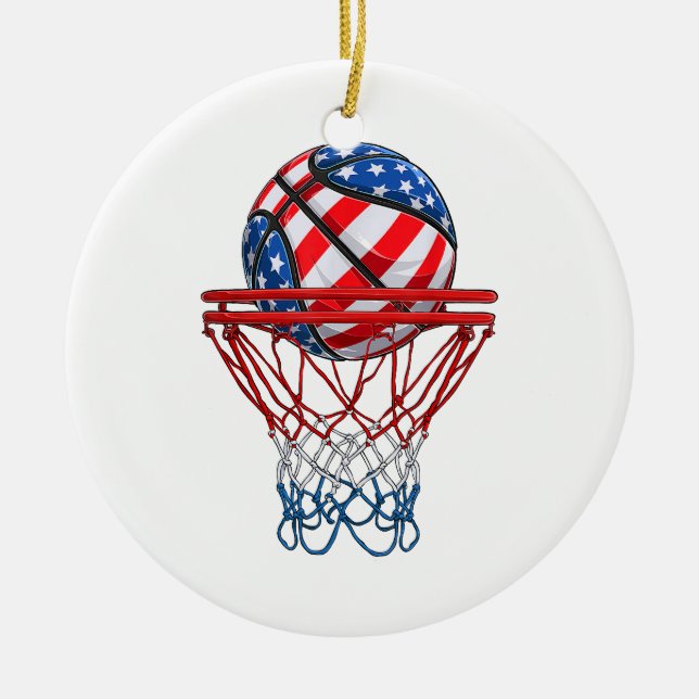 Basketball American Patriotic 4th Of July US Flag Ceramic Ornament (Front)