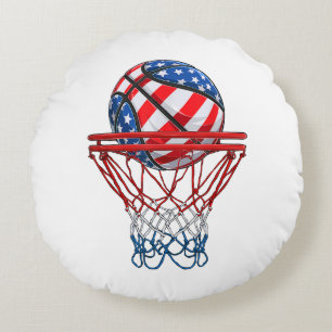 Basketball American Patriotic 4th Of July US Flag Round Pillow
