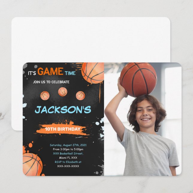 Basketball Anniversaire Photo Invitation (Devant / Derrière)