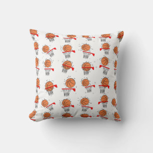 Basketball - Ball and Hoop Pattern on White Backgr Throw Pillow