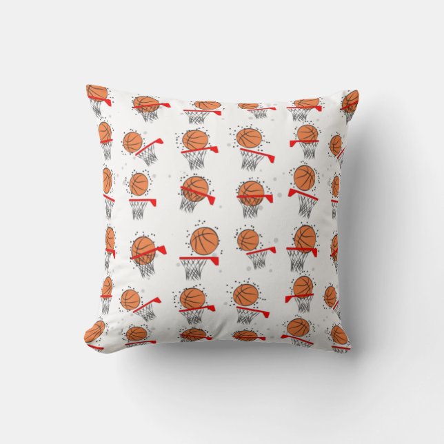 Basketball - Ball and Hoop Pattern on White Backgr Throw Pillow (Front)