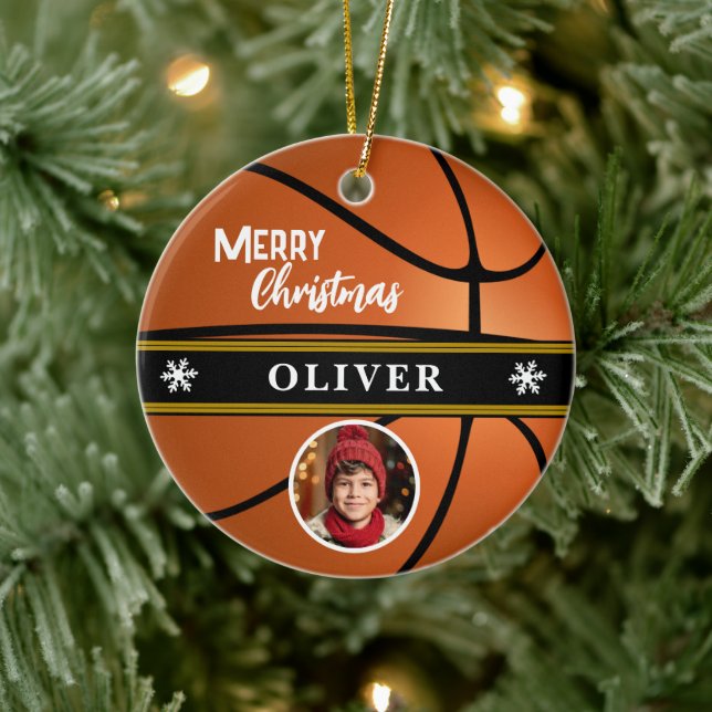 Basketball Ball Custom Name Merry Christmas Photo Ceramic Ornament (Tree)