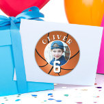 Basketball Ball Kids Birthday Age Photo Classic Round Sticker<br><div class="desc">Basketball Ball Kids Birthday Photo Sticker. Basketball birthday sticker with a custom photo. Add your photo,  name and age.</div>
