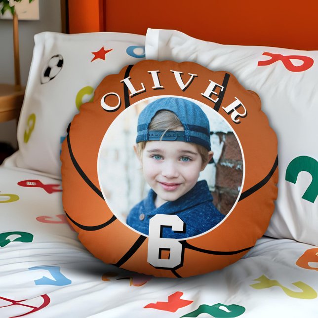 Basketball Ball Kids Birthday Age Photo  Round Pillow (Creator Uploaded)