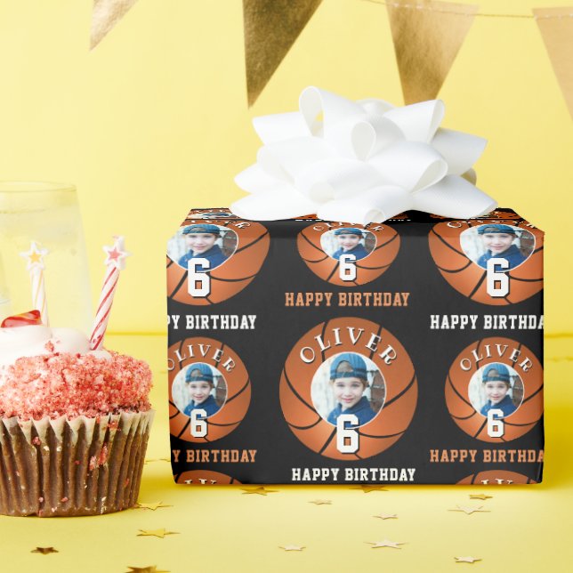 Basketball Ball Kids Happy Birthday Age Photo Wrapping Paper (Birthday Party)