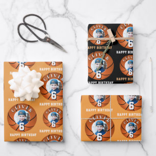 Basketball Ball Kids Happy Birthday Age Photo Wrapping Paper Sheet
