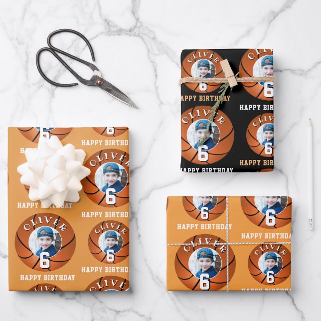 Basketball Ball Kids Happy Birthday Age Photo Wrapping Paper Sheet (Front)