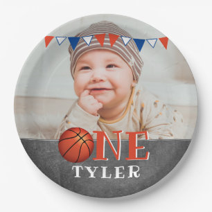 Basketball Ball ONE Chalkboard Photo 1st Birthday Paper Plate
