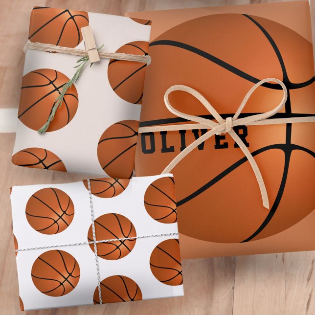 Basketball Ball Pattern Kids Name Birthday Wrapping Paper Sheet (Creator Uploaded)
