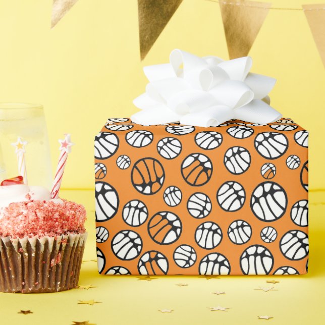 Basketball Ball Pattern Orange Name Wrapping Paper (Birthday Party)