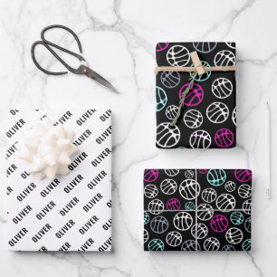 Basketball Ball Pattern Sport Black and White Name Wrapping Paper Sheet