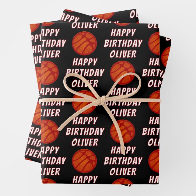 Basketball Ball Pattern Sports Happy Birthday Wrapping Paper Sheet (In situ)