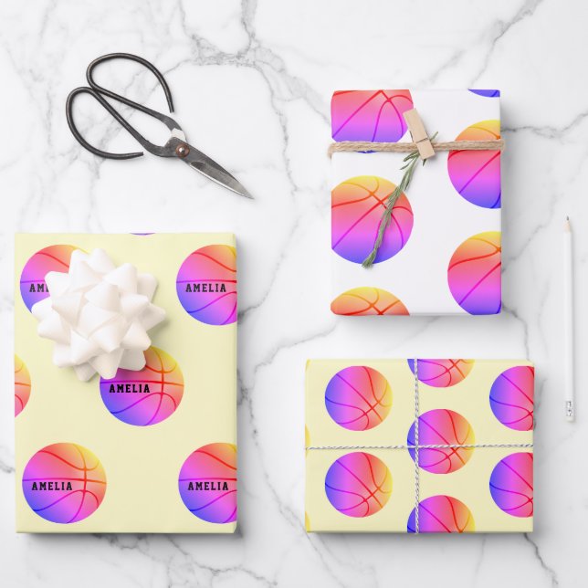Basketball Ball Pattern Yellow Kids Name Sports  Wrapping Paper Sheet (Front)