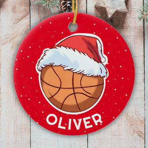 Basketball Ball Red Santa Hat Christmas Kid Name Ceramic Ornament