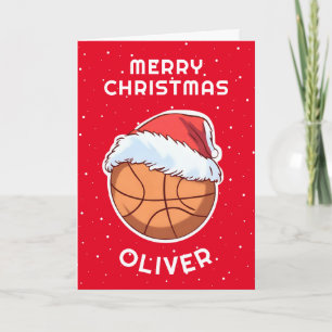 Basketball Ball Red Santa Hat Christmas Kid Name  Holiday Card