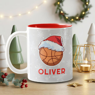 Basketball Ball Red Santa Hat Name Christmas  Two-Tone Coffee Mug