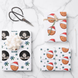 Basketball Ball Santa Hat Snowflake Name Photo Wrapping Paper Sheet