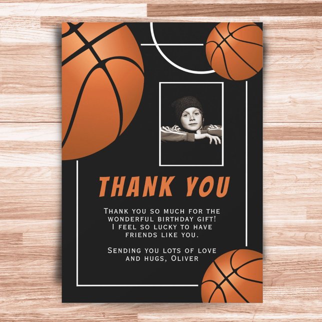 Basketball Ball Sports Birthday Photo Thank You Card (Creator Uploaded)