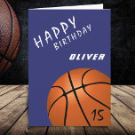 Basketball Ball Sports Modern Happy Birthday Card<br><div class="desc">Basketball Ball Sports Pattern Modern Happy Birthday Card. Modern basketball birthday card for anyone who loves basketball. Basketball ball on the dark purple colour. Personalize with your name and age on the ball.</div>