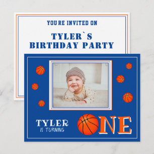 Basketball Ball Sports One 1st Birthday Photo Invitation Postcard