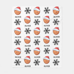 Basketball Ball with red Santa Hat Snowflake Name Fleece Blanket
