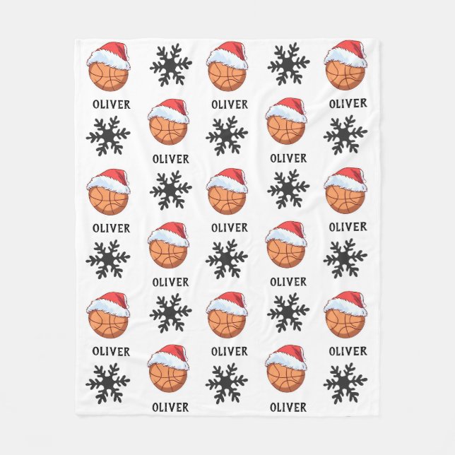 Basketball Ball with red Santa Hat Snowflake Name Fleece Blanket (Front)
