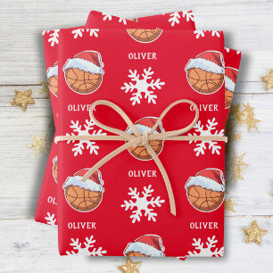 Basketball Ball with Red Santa Hat Snowflake Name Wrapping Paper Sheet