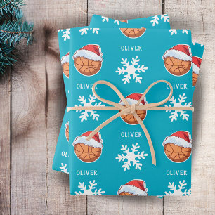 Basketball Ball with Red Santa Hat Snowflake Name Wrapping Paper Sheet