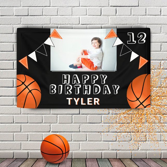 Basketball Balls Flags Black Kids Photo Birthday Banner (Creator Uploaded)
