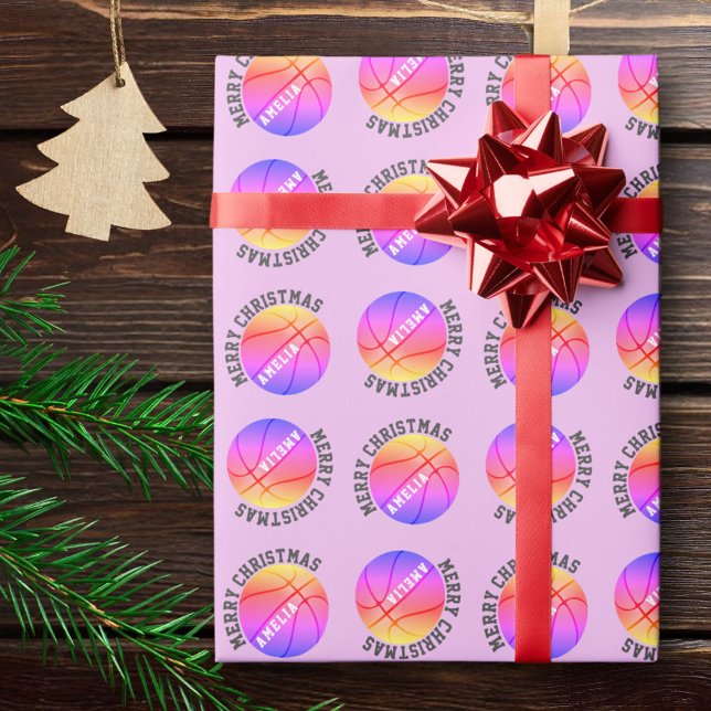 Basketball Balls Kids Name Pink Christmas Wrapping Paper (Creator Uploaded)
