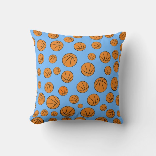 Basketball Balls Pattern on Blue Background Throw Pillow (Front)