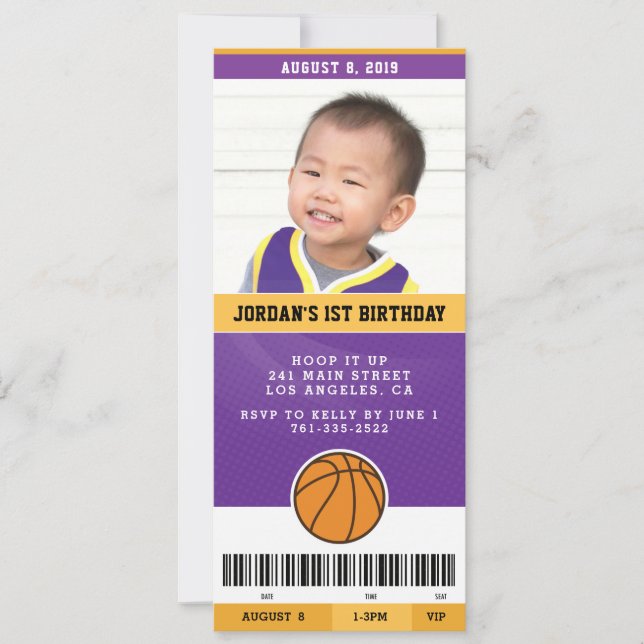 Basketball Birthday Party Invite (Purple & Gold) (Front)