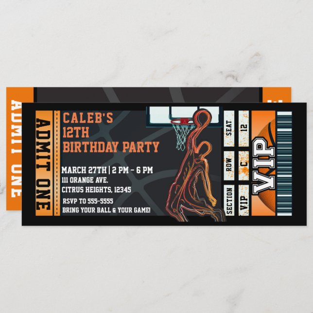 Basketball Birthday Party VIP Ball Game Ticket Invitation (Front/Back)