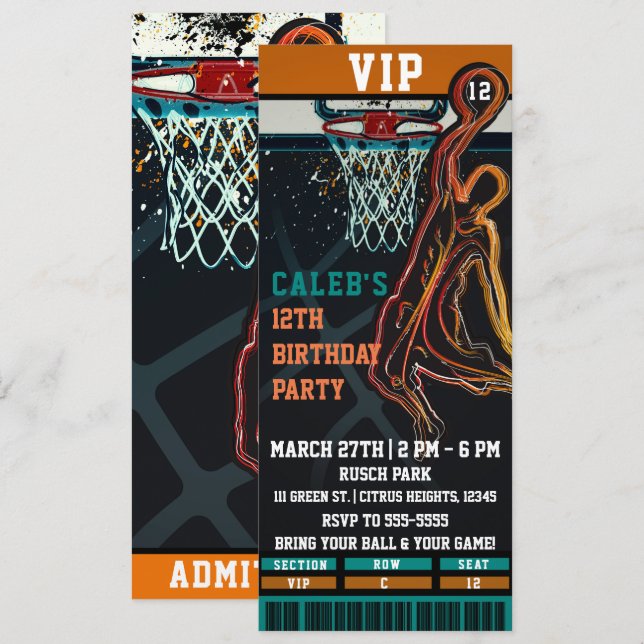 Basketball Birthday Party VIP Ball Game Ticket Invitation (Front/Back)