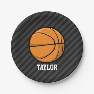 Basketball; Black & Dark Grey Stripes Paper Plate