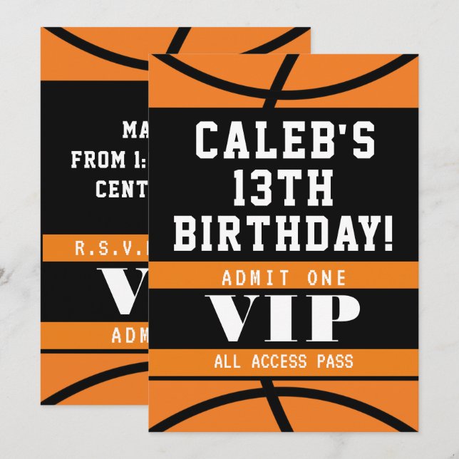Basketball Black Orange Birthday Party Invitation (Front/Back)
