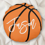 Basketball black orange custom name round pillow<br><div class="desc">Round pillow featuring a basketball in black and orange and your name in white. All colours are customizable in the design tool.</div>