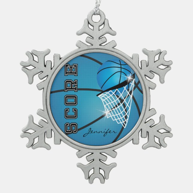 Basketball | Blue | Personalize Snowflake Pewter Christmas Ornament (Front)