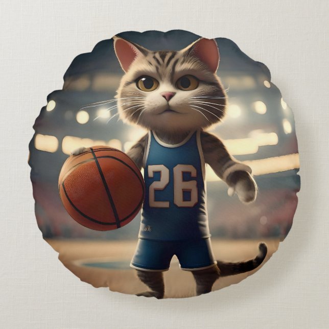 Basketball Cat,  Round Pillow (Front)