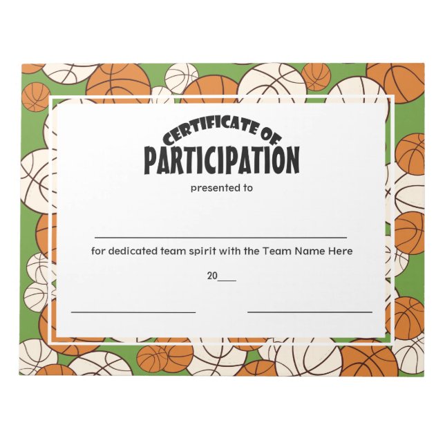 Basketball Certificates of Participation Notepad (Front)