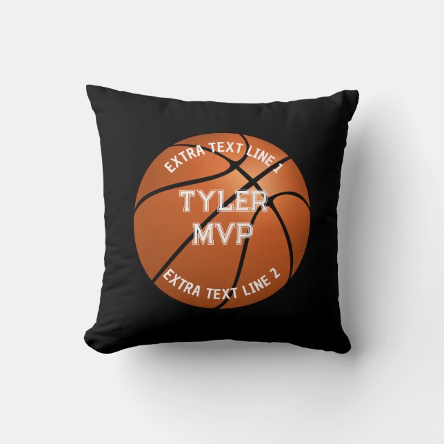 Basketball, Child's Name MVP/Number, 2 Lines Black Throw Pillow (Front)