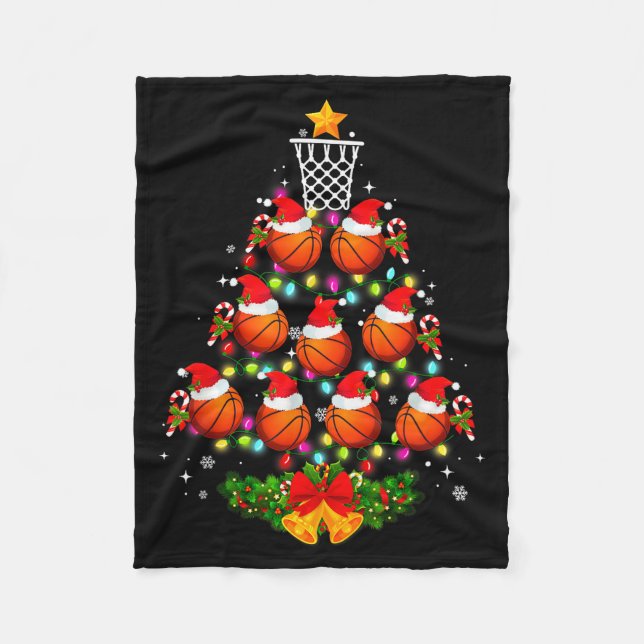 Basketball Christmas Tree Lights Red Santa Hat Xma Fleece Blanket (Front)