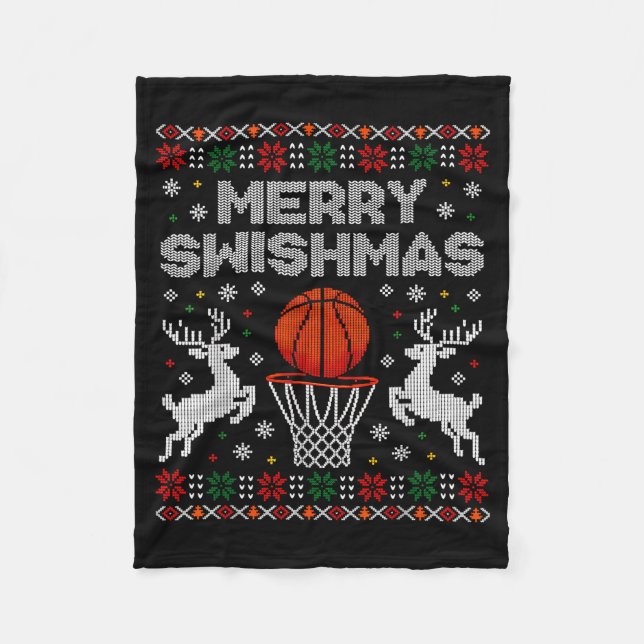 Basketball Christmas Ugly Sweater Merry Swishmas M Fleece Blanket (Front)