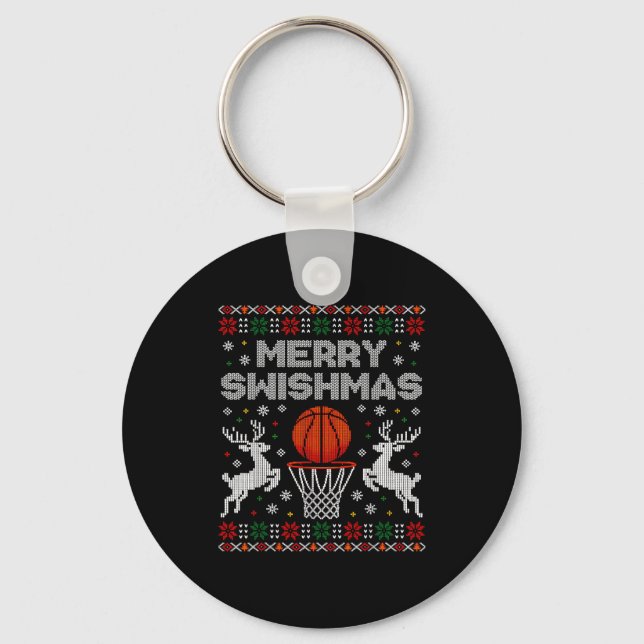 Basketball Christmas Ugly Sweater Merry Swishmas M Keychain (Front)