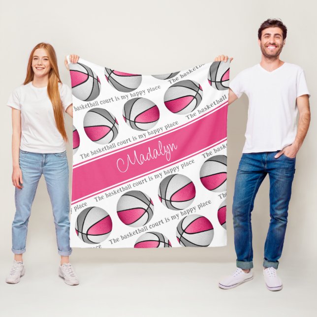 basketball court my happy place girls pink grey fleece blanket (In Situ)