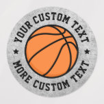 Basketball custom text labels<br><div class="desc">Round stickers featuring a basketball in the middle with your custom text wrapped around it.</div>