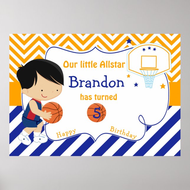 Basketball Cute Black Hair Boy Birthday Poster (Front)