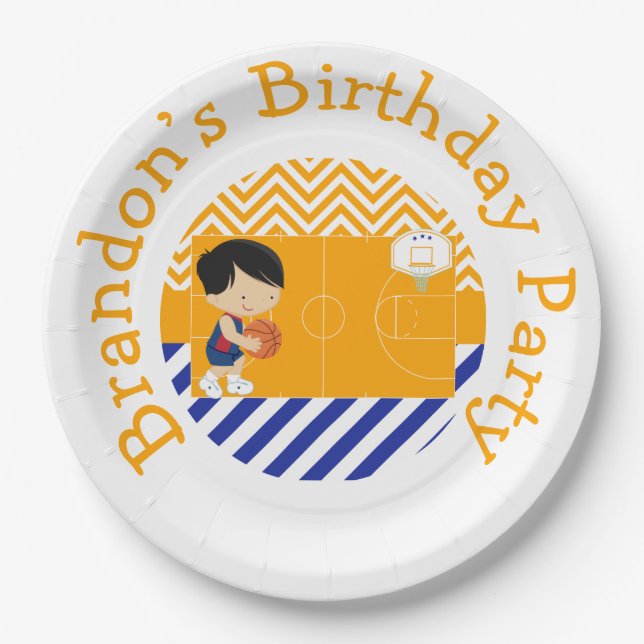 Basketball Cute Black Hair Boy Paper Plate (Front)