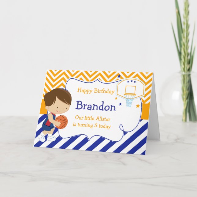 Basketball Cute Brunette Hair Boy Birthday Party Card (Front)